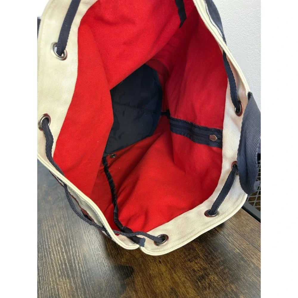 Vintage RARE Tommy Hilfiger Drawstring Backpack Red Navy Canvas Large Duffle Bag